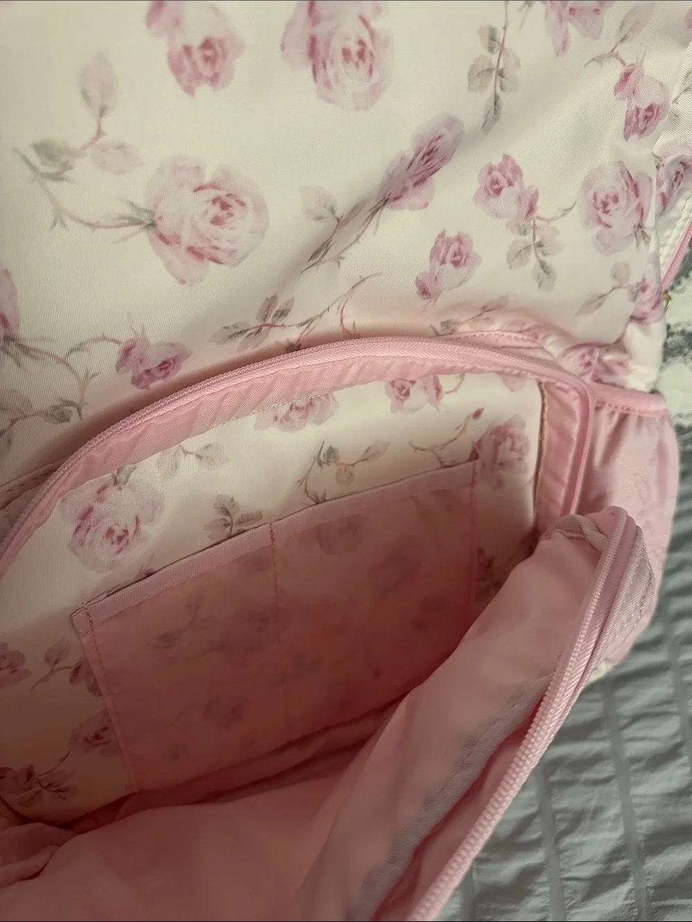 LoveShackFancy Pink Floral Quilted Backpack with Bow Charm